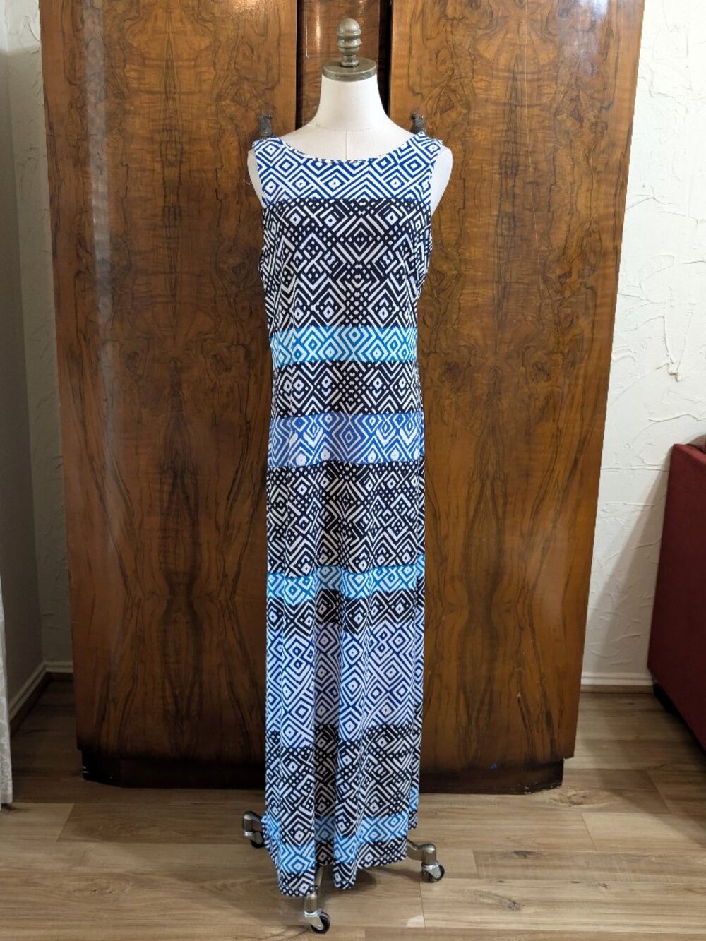 Tommy Bahama Maxi Dress M Mayan Maze Blue Black Geometric Resort Casual Festival
